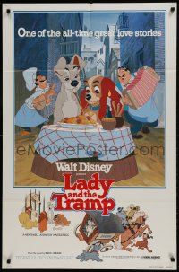 9p492 LADY & THE TRAMP 1sh R1980 Walt Disney romantic canine dog classic cartoon!