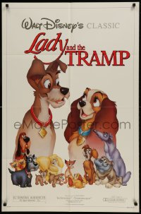 9p493 LADY & THE TRAMP 1sh R1986 Walt Disney romantic canine dog classic!