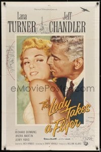 9p494 LADY TAKES A FLYER 1sh 1958 close up art of Jeff Chandler nuzzling sexiest Lana Turner!