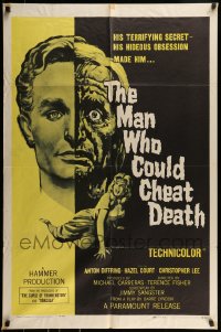 9p534 MAN WHO COULD CHEAT DEATH 1sh 1959 Hammer horror, cool half-alive & half-dead headshot art!