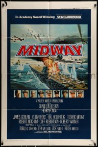 9p564 MIDWAY 1sh 1976 Charlton Heston, Henry Fonda, dramatic naval battle art!