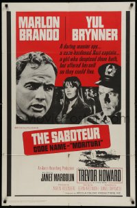 9p577 MORITURI 1sh 1965 art of Marlon Brando & Nazi captain Yul Brynner, The Saboteur!