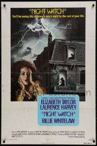 9p609 NIGHT WATCH 1sh 1973 Laurence Harvey, Billie Whitelaw, art of scared Elizabeth Taylor!