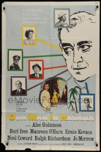 9p637 OUR MAN IN HAVANA 1sh 1960 art of Alec Guinness, Graham Greene, directed by Carol Reed!