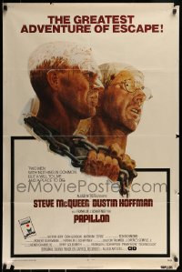 9p648 PAPILLON 1sh 1973 prisoners Steve McQueen & Dustin Hoffman by Tom Jung, Allied Artists!