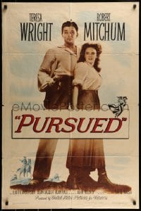 9p699 PURSUED 1sh 1947 great full-length image of Robert Mitchum & Teresa Wright!