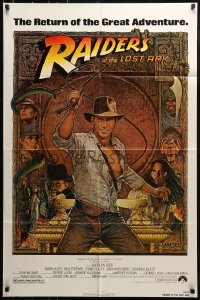 9p708 RAIDERS OF THE LOST ARK 1sh R1982 great art of adventurer Harrison Ford by Richard Amsel!
