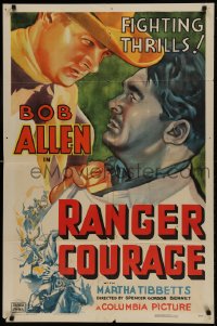 9p712 RANGER COURAGE 1sh 1936 great art of cowboy Bob Allen grabbing bad guy by the shirt!
