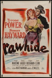 9p717 RAWHIDE 1sh 1951 Tyrone Power wrestles with pretty Susan Hayward!