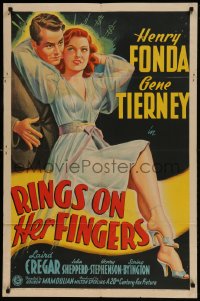 9p726 RINGS ON HER FINGERS 1sh 1942 great stone litho art of sexy Gene Tierney & Henry Fonda!