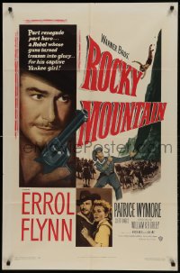 9p738 ROCKY MOUNTAIN 1sh 1950 great close up of part renegade part hero Errol Flynn with gun!