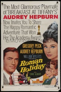 9p742 ROMAN HOLIDAY 1sh R1962 beautiful Audrey Hepburn & Gregory Peck, Vespa, William Wyler!