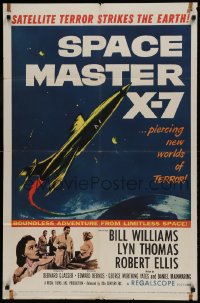 9p815 SPACE MASTER X-7 1sh 1958 satellite terror strikes the Earth, cool art of rocket ship!