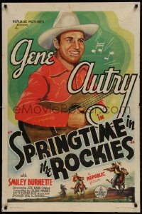 9p819 SPRINGTIME IN THE ROCKIES 1sh 1937 smiling close up art of Gene Autry playing guitar!