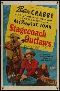 9p825 STAGECOACH OUTLAWS 1sh 1945 Buster Crabbechoking bad guy & Fuzzy St. John with gun!