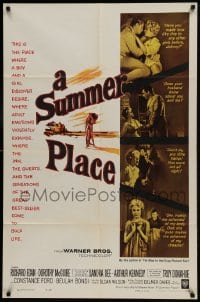 9p863 SUMMER PLACE 1sh 1959 Sandra Dee & Troy Donahue in young lovers classic, cool cast montage!