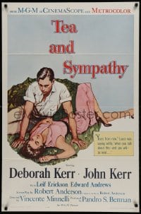 9p884 TEA & SYMPATHY 1sh R1962 great artwork of Deborah Kerr & John Kerr by Gale, classic tagline!