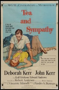 9p883 TEA & SYMPATHY 1sh 1956 great artwork of Deborah Kerr & John Kerr by Gale, classic tagline!