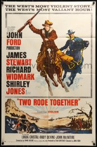 9p930 TWO RODE TOGETHER 1sh 1961 John Ford, art of James Stewart & Richard Widmark on horses!