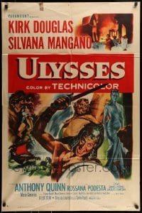 9p932 ULYSSES 1sh 1955 cool art of Kirk Douglas & sexy Silvana Mangano!