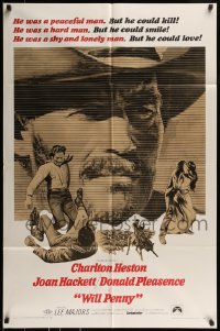 9p981 WILL PENNY 1sh 1968 close up of cowboy Charlton Heston, Joan Hackett, Donald Pleasance