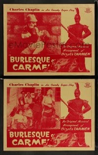 9r875 BURLESQUE ON CARMEN 2 LCs R1948 great close up of Charlie Chaplin & pretty Edna Purviance!