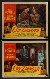 9r882 CRY DANGER 2 LCs 1951 one with Dick Powell & Rhonda Fleming having dinner in restaurant!