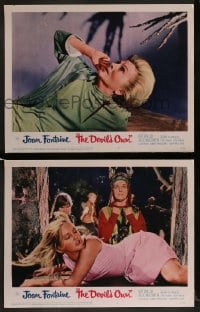 9r888 DEVIL'S OWN 2 LCs 1967 Hammer, one with great close up of terrified Joan Fontaine!