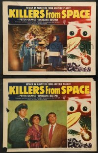9r924 KILLERS FROM SPACE 2 LCs 1954 bulb-eyed men invade Earth from flying saucers, cool border art!