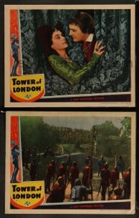 9r985 TOWER OF LONDON 2 LCs 1939 Ian Hunter & Barbara O'Neil tangled up in curtain + battle scene!