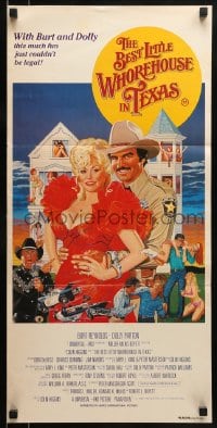 9w762 BEST LITTLE WHOREHOUSE IN TEXAS Aust daybill 1982 art of Reynolds & Dolly Parton by Goozee!