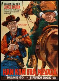9w073 CLINT THE STRANGER Danish 1969 spaghetti western art of cowboy near horse shooting rifle!