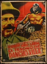 9w067 EL TESORO DE PANCHO VILLA Mexican poster 1954  art of masked wrestler & pile of gold by Diaz!