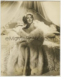 9x114 LANA TURNER deluxe 10x12.75 still 1940s smiling & sitting on huge bed clad only in fur!