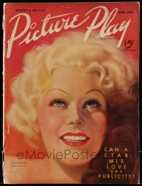 9x477 PICTURE PLAY magazine April 1936 great cover art of sexy Jean Harlow by Tatiana Fall!