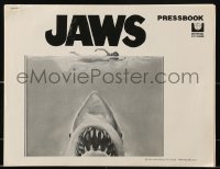 9x729 JAWS pressbook 1975 art of Steven Spielberg's classic man-eating shark attacking swimmer!