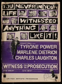 9x985 WITNESS FOR THE PROSECUTION pressbook 1958 Wilder, Tyrone Power, Marlene Dietrich, Laughton