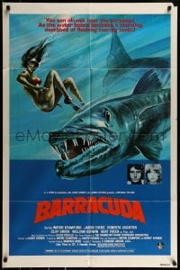 9y064 BARRACUDA 1sh 1978 great colorful artwork of huge killer fish attacking sexy diver in bikini!