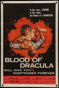 9y101 BLOOD OF DRACULA 1sh 1957 art of female vampire attacking male victim!