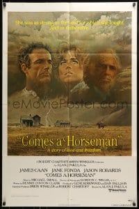 9y163 COMES A HORSEMAN 1sh 1978 art of James Caan, Jane Fonda & Jason Robards in sky by McGinnis!