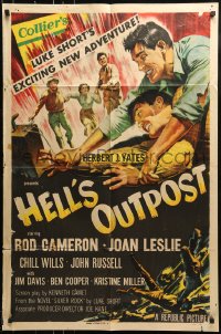 9y392 HELL'S OUTPOST 1sh 1955 art of Rod Cameron fighting John Russell, Joan Leslie!