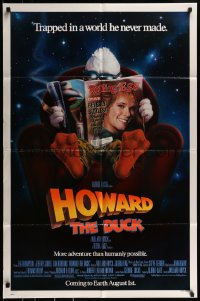 9y414 HOWARD THE DUCK advance 1sh 1986 George Lucas, art of him reading magazine w/Lea Thompson!