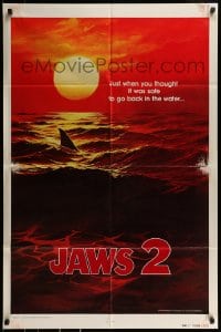 9y446 JAWS 2 teaser 1sh 1978 art of man-eating shark's fin in red water at sunset, undated design!