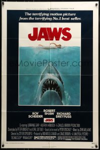 9y444 JAWS 1sh 1975 art of Spielberg's classic man-eating shark attacking swimmer!