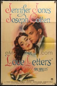 9y529 LOVE LETTERS style A 1sh 1945 romantic c/u art of Joseph Cotten & Jennifer Jones, by Ayn Rand