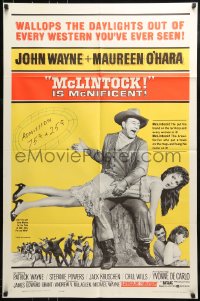 9y561 McLINTOCK 1sh 1963 best image of John Wayne giving Maureen O'Hara a spanking!
