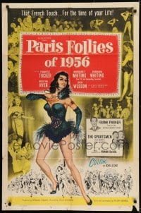 9y655 PARIS FOLLIES OF 1956 1sh 1956 great artwork of super sexy French showgirl - censored!