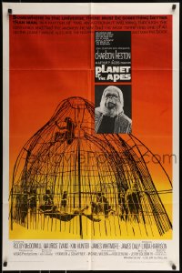 9y669 PLANET OF THE APES 1sh 1968 Charlton Heston, classic sci-fi, cool art of caged humans!