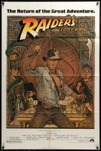 9y699 RAIDERS OF THE LOST ARK 1sh R1980s great art of adventurer Harrison Ford by Richard Amsel!