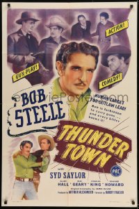 9y877 THUNDER TOWN 1sh 1949 different image of Bob Steele surrounded by bad guys!